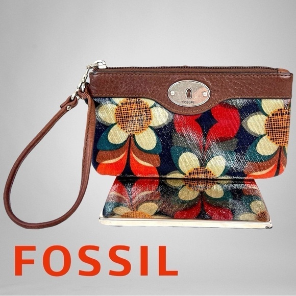 Fossil Wristlet Key-Per Vintage Boho Daisy Floral Print Leather Trim 7x4 - Picture 1 of 8